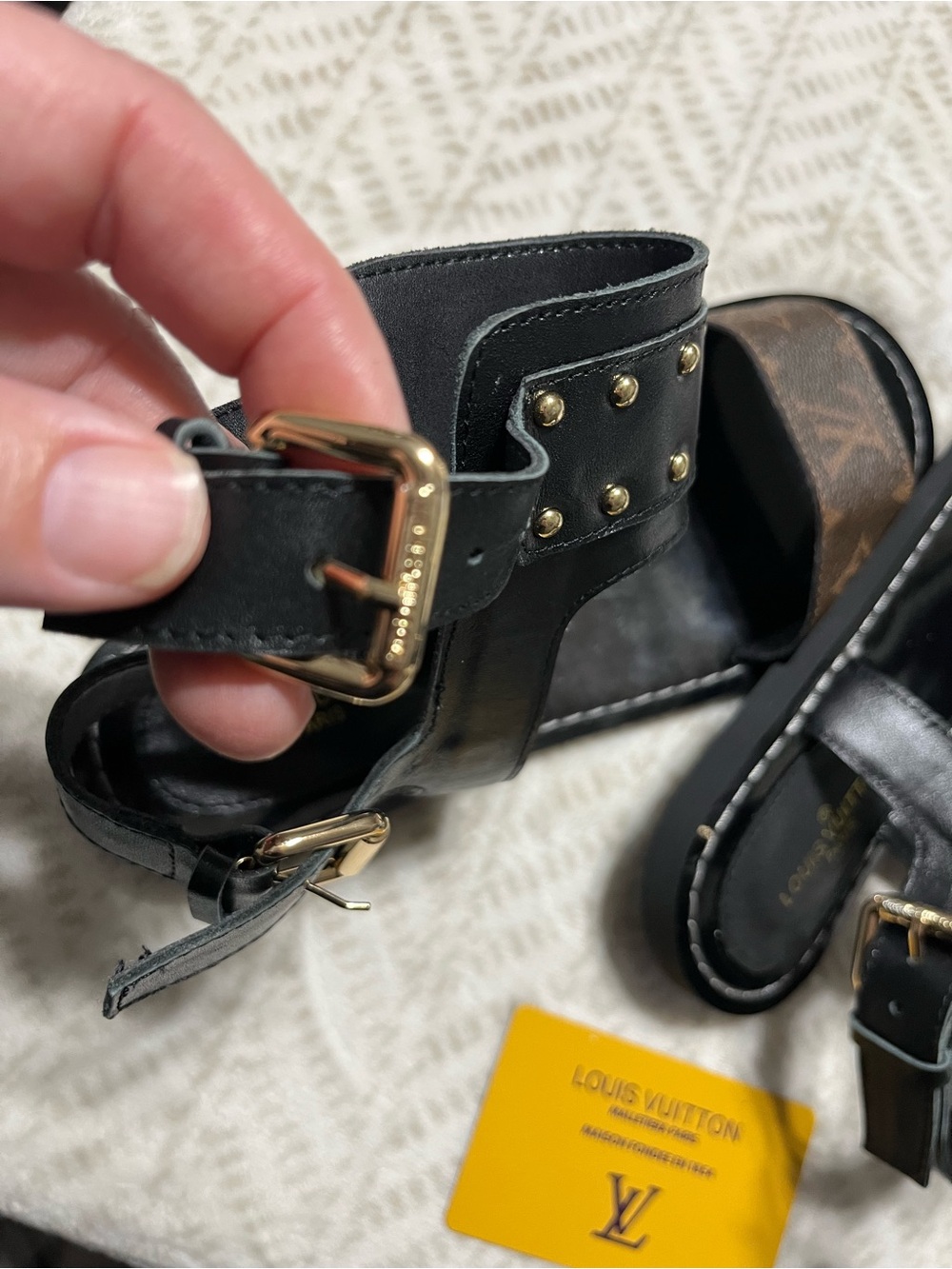 Louis Vuitton Black Leather Sandals with Monogram Brown Strap 10 - Picture 13 of 16